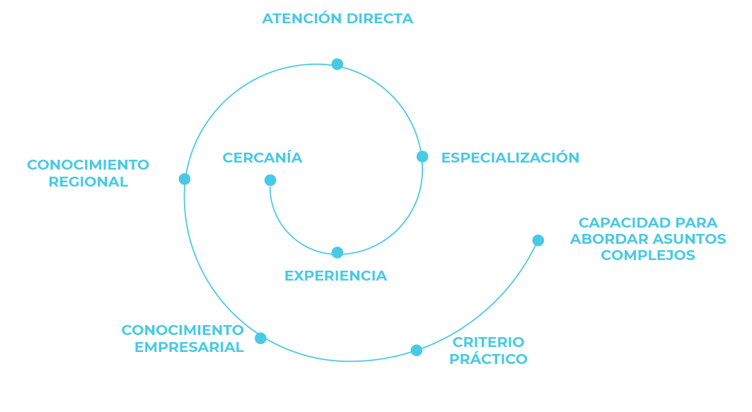 Esquema del estudio: cercanía, atención directa del socio director, especialización en Derecho Laboral y Derecho Acuícola, capacidad para abordar asuntos complejos, criterio práctico, conocimiento empresarial, experiencia y conocimiento regional.
